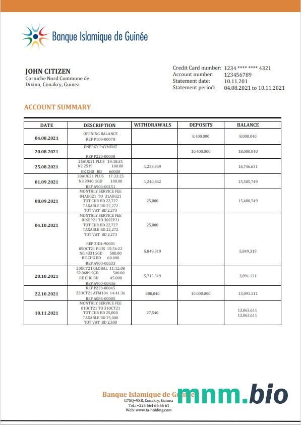 Szablon wyciągu bankowego Guinea Access w programie Word i PDF